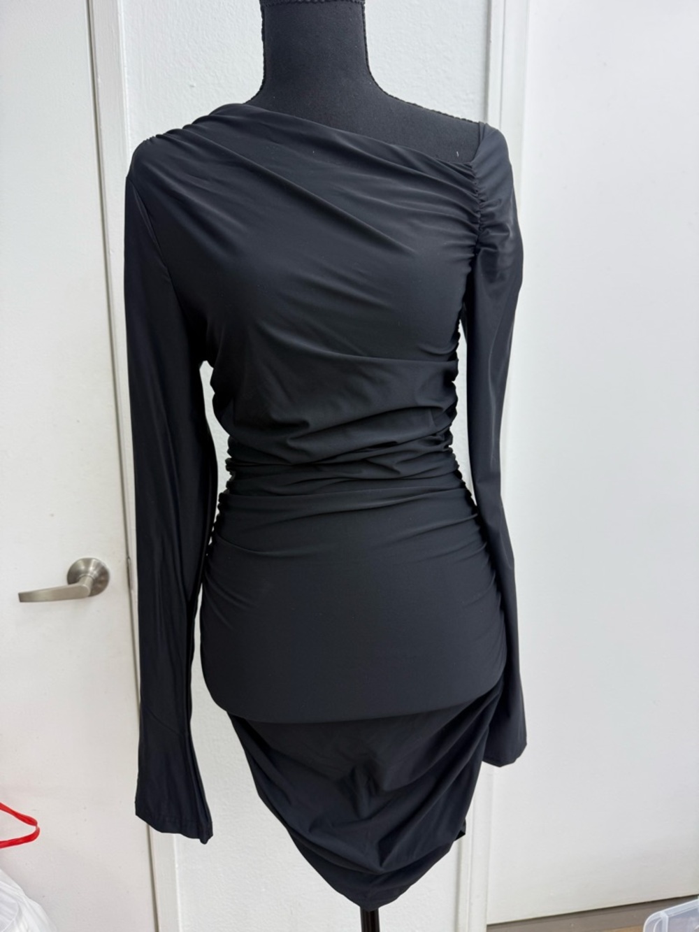 Black Asymmetric Long-Sleeve Ruched Dress